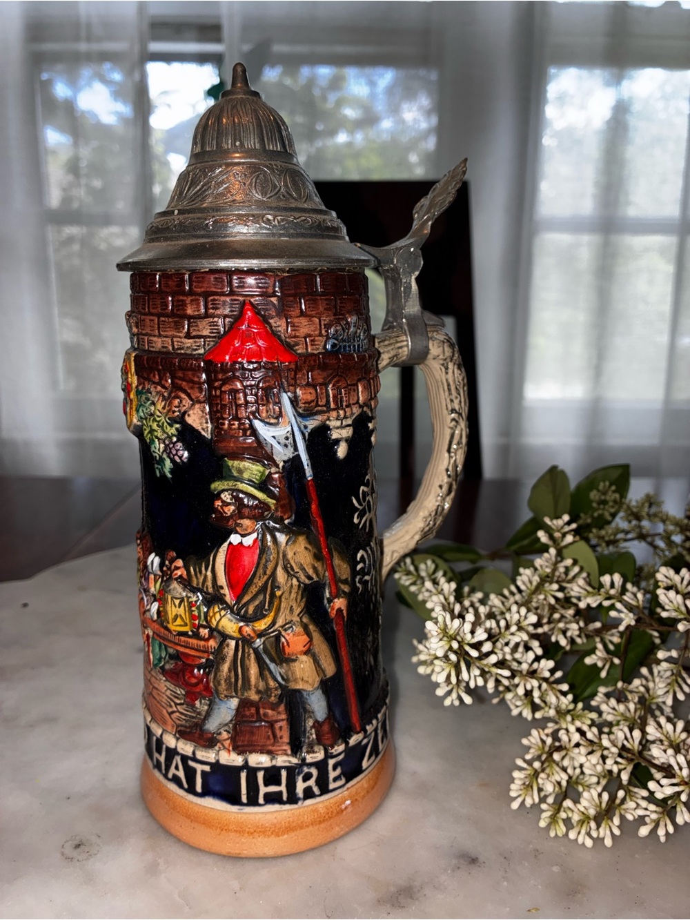 Vintage German Multicolor Ceramic Beer Stein with Pewter Lid